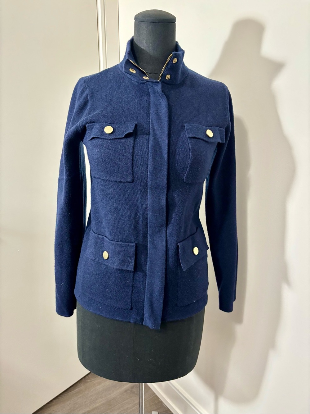 Navy Utility Sweater with Gold Snap Details - Rachel Zoe, Size S